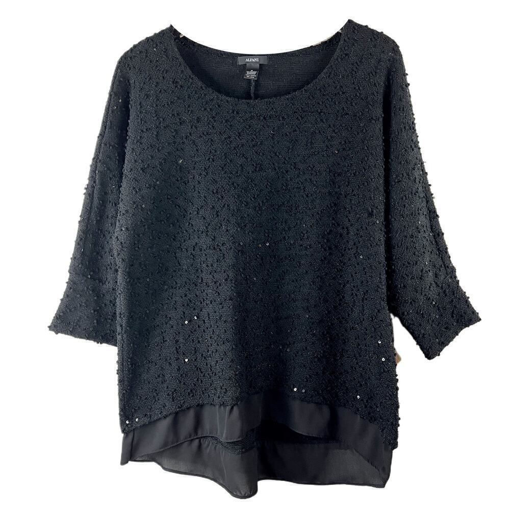 Alfani Layered-Look Sequined Sweater Black Textured Women's Size M